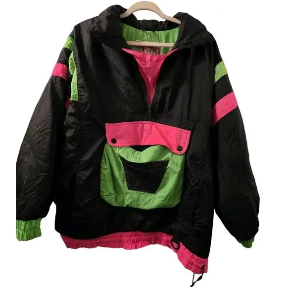 Vintage 1980s East West Ski Jacket Puffer Nylon Sport Neon Green Pink Slopes L